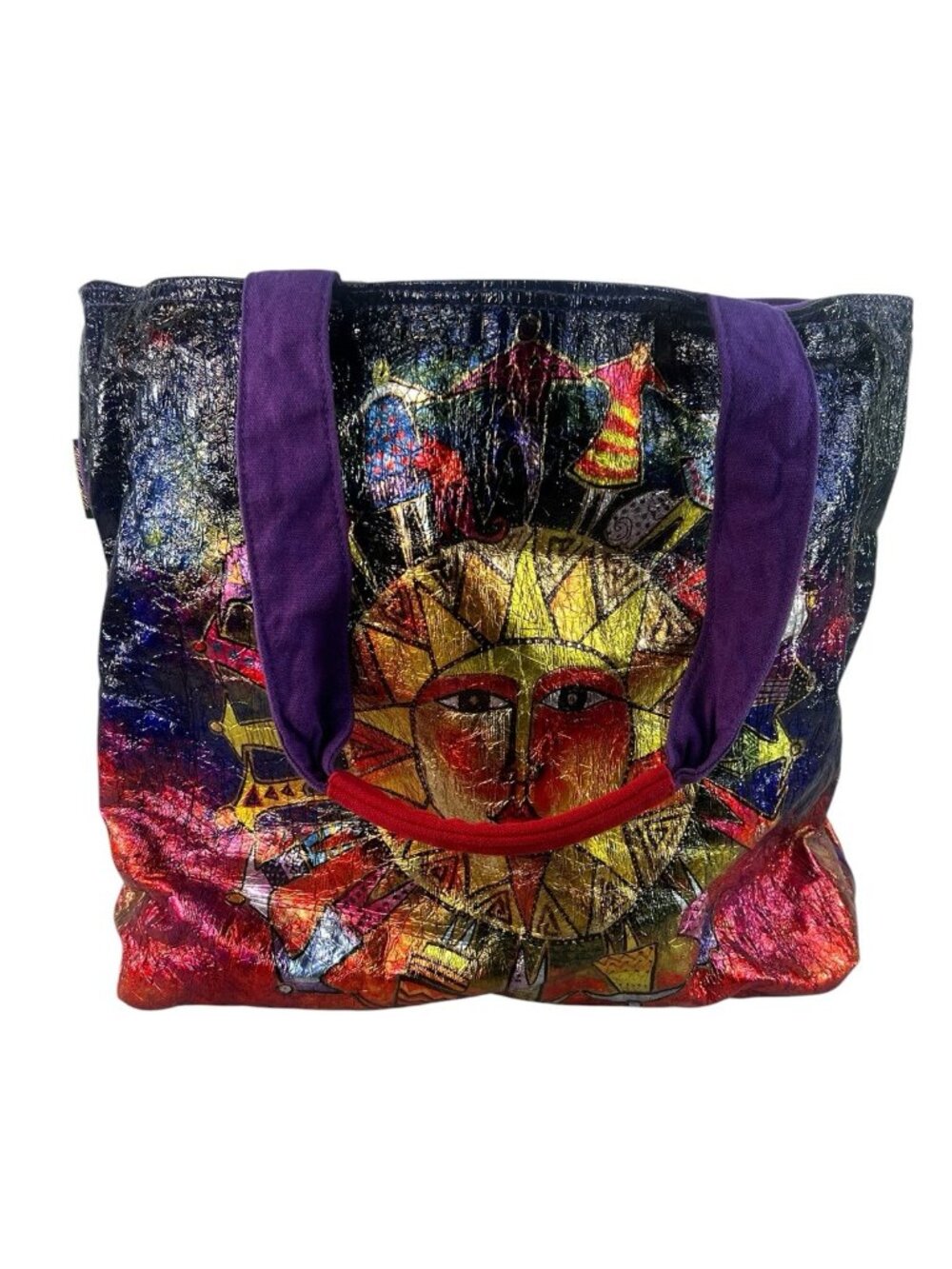 vtg Laurel Burch Harmony Under The Sun Foil Tote 19"x15" Iridescent Metallic - Picture 4 of 16